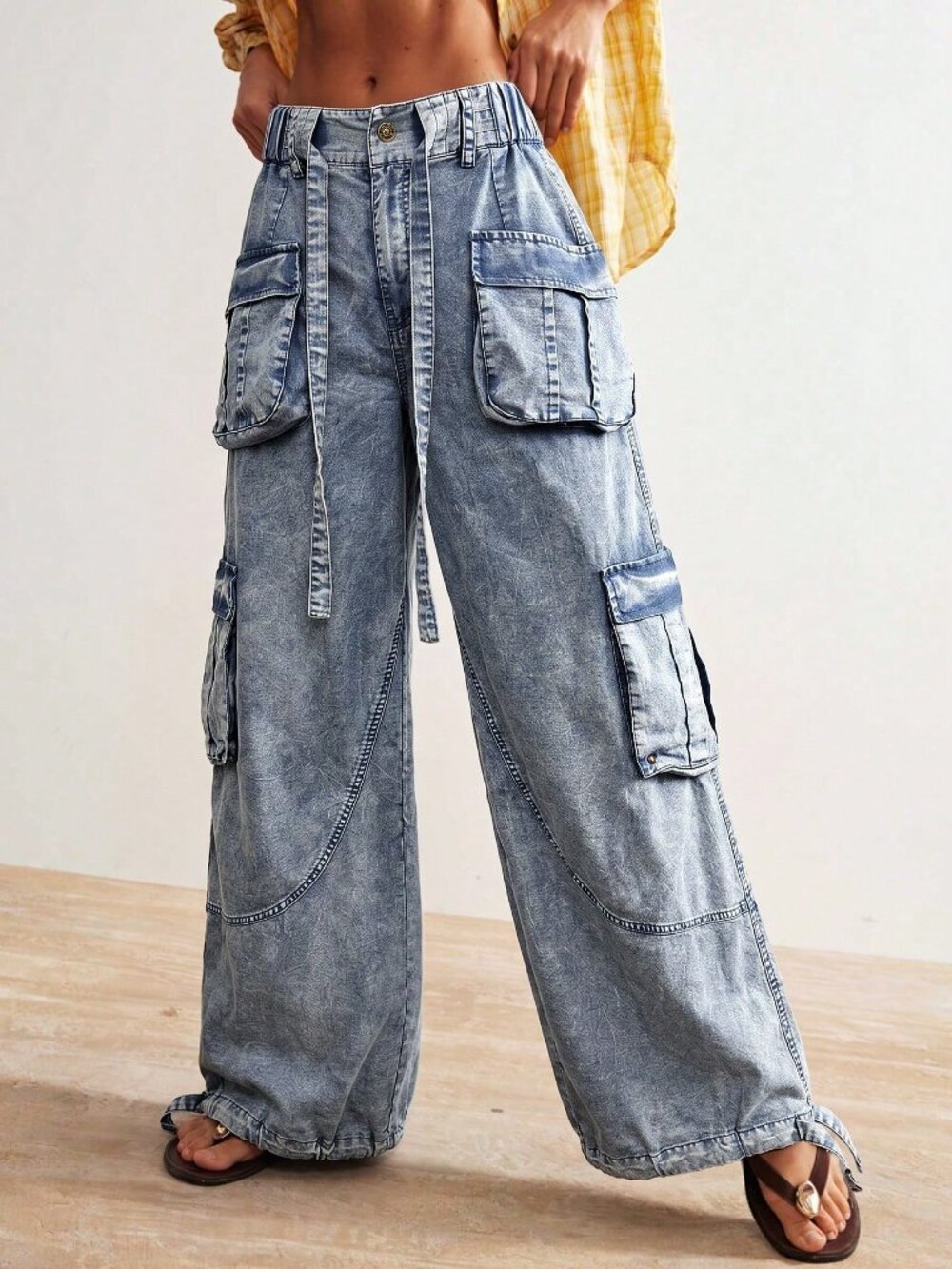 Blue Casual Women's Y2K Woven Relaxed Cuffed Low Waist Long Pants - Picture 9 of 10